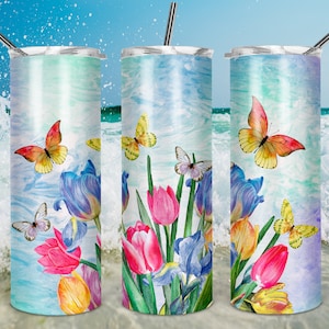Frühling Tulpen Schmetterlinge 20 Unzen Skinny Tumbler DESIGN Sublimation Blumen Schmetterlinge Frühling Hintergrund Becher DIGITAL Download Tulpen PNG
