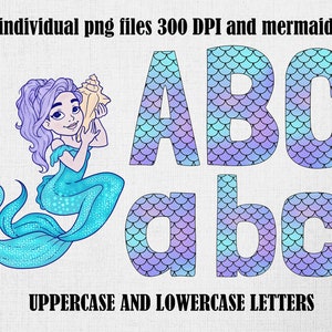Jeu de lettres alphabet sirène à télécharger, jeu de lettres écailles de sirène PNG sublimation usage commercial POD sirène fête majuscules minuscules