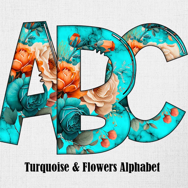 Turquoise Roses Letters Alphabet Set Download ,Teal Turquoise Letters Orange Azure Flowers  Set PNG Sublimation Commercial Use POD Cowhide