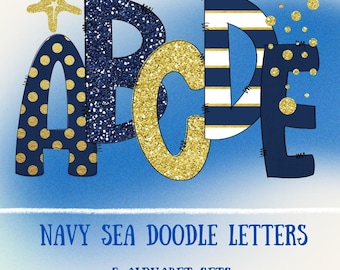 Sea Doodle Alphabet PNG | Navy, Gold Glitter, Polka Dot (Digital Download)