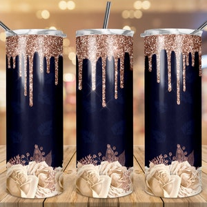 Gotejamento ouro rosa 20oz Skinny Tumbler TEMPLATE brilhos flores boho blush rosas azul marinho folhas Design de sublimação download digital PNG