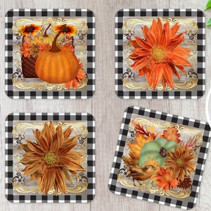 Calabazas de otoño 4 DISEÑOS para posavasos cuadrados flores de otoño cosecha casa de campo PLANTILLAS diseños de posavasos PNG paquete plantillas otoño colorido