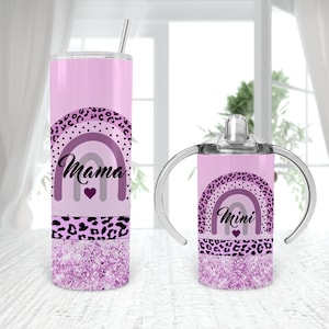 Leopardo arco-íris roxo combinando mamãe e eu copo reto com canudinho 20oz copo sublimação 4 DESIGNS DOWNLOAD digital rainbow mama mini