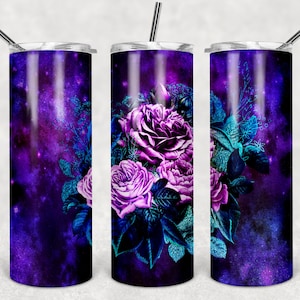 Lila Galaxie Blumen 20 Unzen Skinny Becher VORLAGE Flieder lila Boho Blumen Rosen Galaxie Sublimation Design Wrap PNG Galaxie Hintergrund