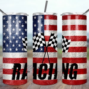 Tumbler sottile da 20 once con sublimazione da corsa DESIGN grunge Bandiera americana patriottica Bandiera a scacchi tema da corsa MODELLO PNG