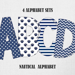 Letras náuticas Alfabeto PNG Azul Blanco Lunares Marina Mar Concha Patrón Alfa PNG Sublimación Descarga Digital 4 Conjuntos Uso Comercial