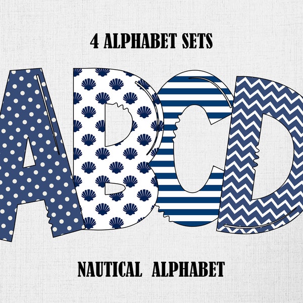 Nautical Letters Alphabet PNG Blue White Polka Dot  Navy Sea Shell Pattern Alpha  PNG Sublimation Digital Download 4 Sets Commercial Use