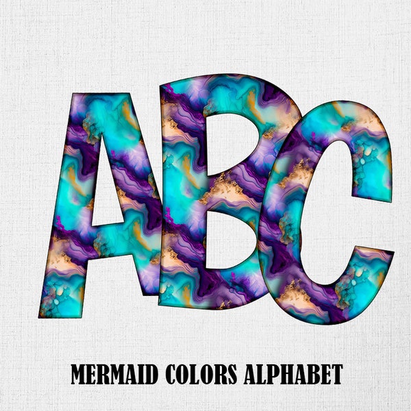 Mermaid Colors Alphabet PNG Teal Purple Golden Glitter Letters Turquoise Aqua Gold  Underwater Alphabet Digital Download Commercial Use