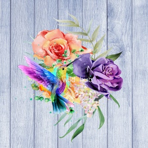 Hummingbird watercolor  roses clipart instant download, Sublimation graphics, PNG purple coral roses bird tropical flowers clipart rainbow