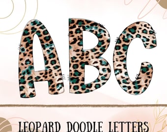 Teal Leopard Doodle Alphabet PNG, Safari Letters (Digital Download)