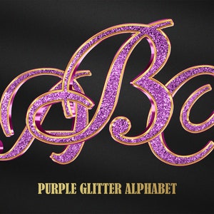 Púrpura Lila Glitter Letras Alfabeto Set Glam Bling lila Violeta Glitter Oro Cromo Letras PNG Set Sublimación Monograma Alfabeto Elegante