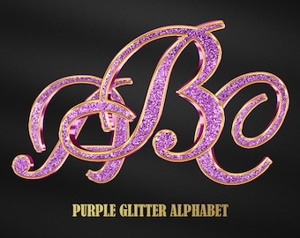 Purple Glitter Alphabet, Gold Chrome Letters PNG (Digital Download)
