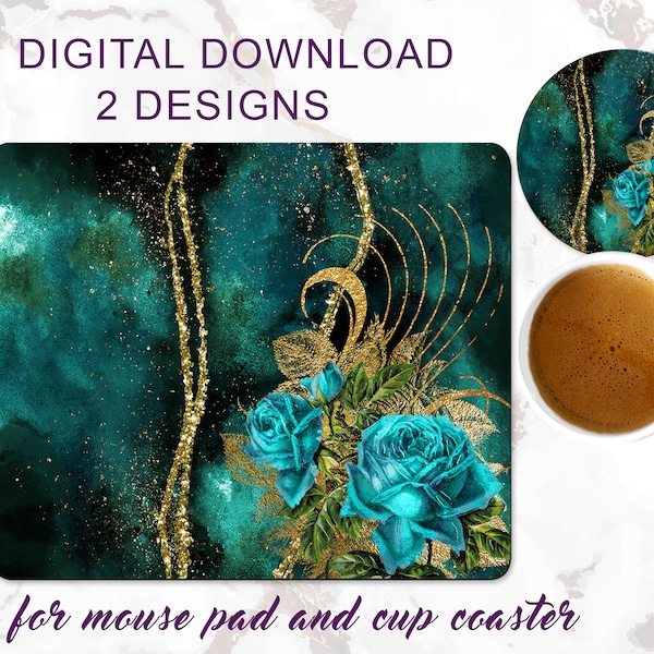 Emerald Gold rose  mouse pad TEMPLATE teal gold matching mouse pad drink coaster Sublimation DESIGNS teal gold flowers roses  design png