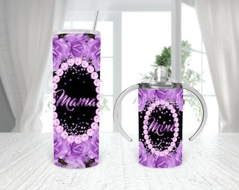 May include: A set of two stainless steel tumblers with purple floral designs and a pearl border. The larger tumbler says "Mama" and the smaller tumbler says "Mini".