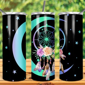 Łapacz snów księżyca 20oz Skinny Tumbler SZABLON Sublimacja projekt CYFROWY boho kwiaty księżyc gwiazdy łapacz snów noc magia księżyc kwiaty