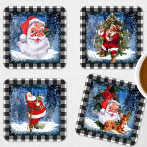 Kerst Kerstman 4 ONTWERPEN vierkante onderzetters Vintage Kerstman Kerst winter bos SJABLONEN ontwerpt PNG bundel sjablonen Retro Kerstman plaid