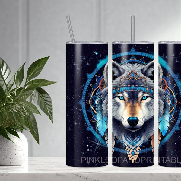 Tribal Wolf 20oz Skinny Tumbler TEMPLATE Galaxy Wolf Space Totem Animal Dreamcatcher  Wolf Sublimation DESIGN Add Name Text Personalize