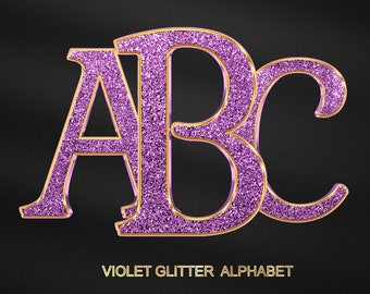 Violet Glitter Alphabet PNG Set, Gold Chrome Letters (Digital Download)