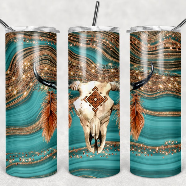 Rusty copper bull skull  20oz Skinny Tumbler TEMPLATE bull skull feathers tribal style  Sublimation design  DIGITAL download PNG teal copper