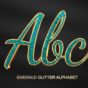 Smaragd Glitzer 3D Buchstaben Alphabet Set Glam Bling Teal Grün Glitzer Gold Großbuchstaben Kleinbuchstaben PNG Monogramm Glitzer Alphabet