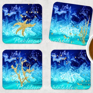 Sea Ocean Beach 4 DISEÑOS para posavasos cuadrados 4 PLANTILLAS Náutica Marine Life Splash Gold Corales imprimibles Sea Star colorido mar azul