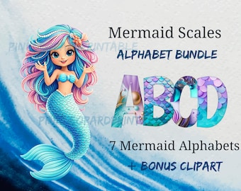 Mermaid Alphabet PNG Bundle | 7 Mermaid Ocean Sea Themed Alphabets, Bonus Clipart (Instant Download)