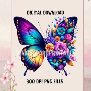 Sublimation de papillon coloré PNG demi-papillon floral paillettes roses fleurs demi-fleur téléchargement numérique violet rose sarcelle fleurs