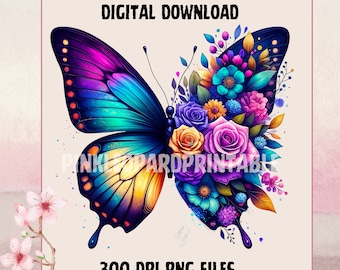 Floral Butterfly Sublimation PNG, Glitter Roses (Digital Download)