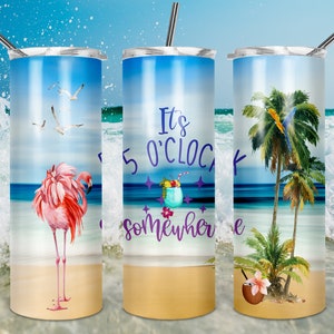 It&#39;s 5 o clock somewhere 20oz Skinny Tumbler TEMPLATE  tropical beach Sublimation design palms ocean flamingo beach design PNG