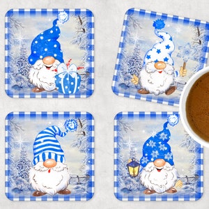 Gnomi invernali 4 DISEGNI per sottobicchieri quadrati gnomi carini foresta invernale Gnomi natalizi MODELLI Gnomi plaid bufalo fiocchi di neve invernali