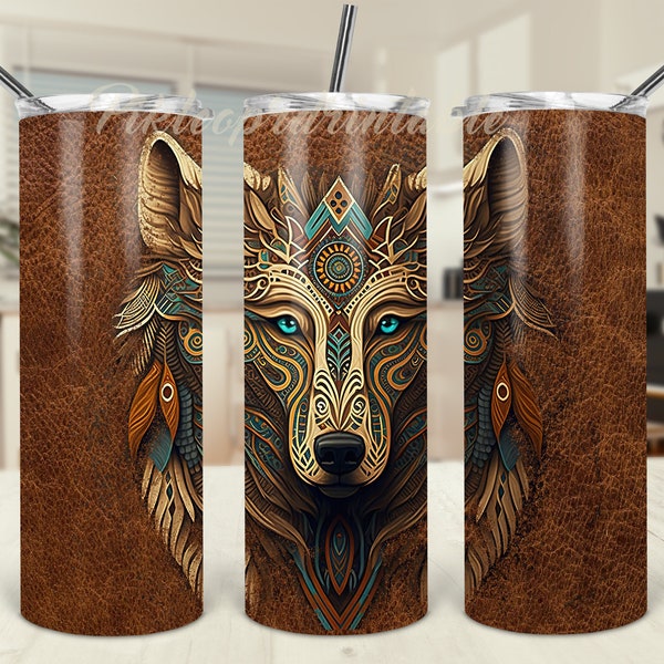Tribal Wolf 20oz Skinny Tumbler TEMPLATE Wolf Totem Animal Aztec Tribal Wolf Sublimation DESIGN Add Name Text Personalize Leather Look PNG