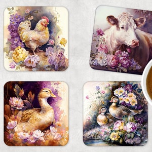 Fam Animas 4 DESIGNS für scrapbooking quadratische Untersetzer 4 VORLAGEN Lila Blumen auf dem Bauernhof Viktorian Aquarell Kuh Enten Gänse Huhn