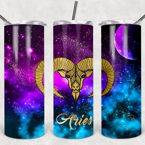 Galaxy Aries sublimación 20oz Skinny Tumbler2 DISEÑO variantes galaxia espacio estrellas Aries signo del zodiaco astrología PLANTILLA Aries cumpleaños PNG