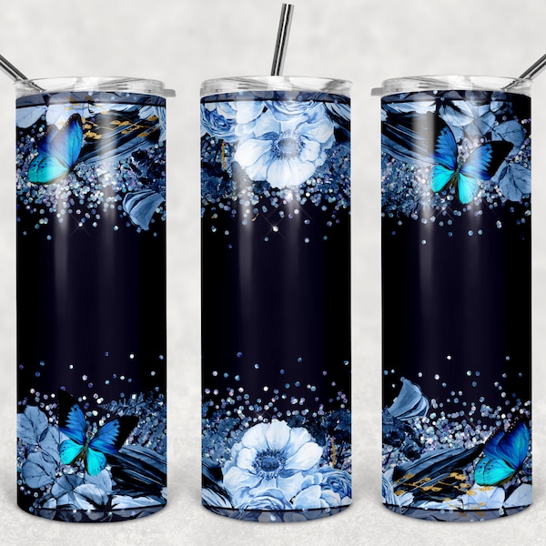 Blue flowers and butterflies 20oz Skinny Tumbler TEMPLATE  add your text   Sublimation  2 design variants  navy blue  background  PNG