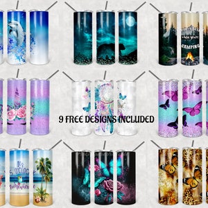 K&ouml;nnte beinhalten: Neun verschiedene Designs f&uuml;r 20 oz Edelstahlbecher. Die Designs beinhalten ein Einhorn, einen Flamingo, einen Traumf&auml;nger, Schmetterlinge, Palmen, einen B&auml;ren, eine Camping-Szene und eine Galaxie-Szene.