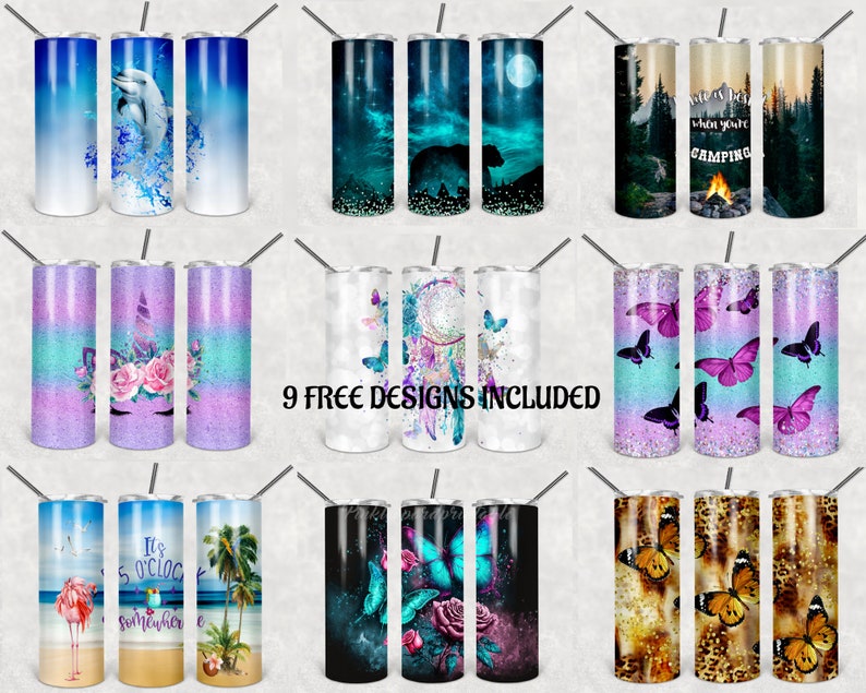 K&ouml;nnte beinhalten: Neun verschiedene Designs f&uuml;r 20 oz Edelstahlbecher. Die Designs beinhalten ein Einhorn, einen Flamingo, einen Traumf&auml;nger, Schmetterlinge, Palmen, einen B&auml;ren, eine Camping-Szene und eine Galaxie-Szene.