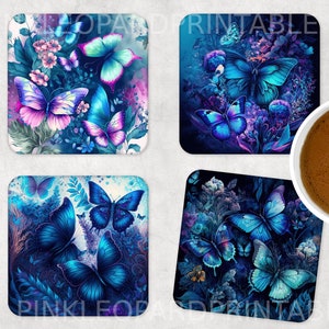 Blau Lila Schmetterlinge 4 DESIGNS für quadratische Untersetzer Scrapbooking 4 VORLAGEN Abstrakte Blumen Schmetterlinge Rosa Lila Blau Schmetterlinge