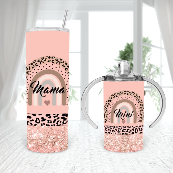 Peach  leopard rainbow Matching  Straight Sippy Cup 20oz tumbler Sublimation DESIGNS  rainbow mama mini 4 TEMPLATES add name personalize