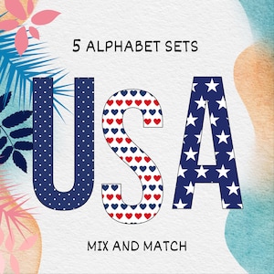 Op de afbeelding: Vijf alfabets sets in verschillende patronen, waaronder stippen, harten en sterren. De letters spellen "USA" in een vet, blauw lettertype. De tekst "Mix and Match" staat onder de letters.