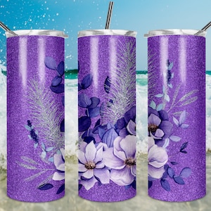 Flores roxas violetas 20 onças Skinny Tumbler Design Sublimação PNG roxo lilás floral tumbler Modelo de download digital flores boho