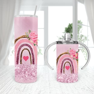Fiori rosa leopardo arcobaleno Abbinamento dritto 12oz Sippy Cup 20oz tumbler Disegni di sublimazione arcobaleno 2 MODELLI aggiungi nome personalizza PNG