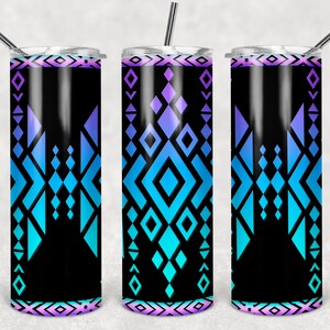 May include: Three stainless steel tumblers with a black background and a geometric pattern in shades of blue, purple, and pink. The pattern is reminiscent of Native American art.