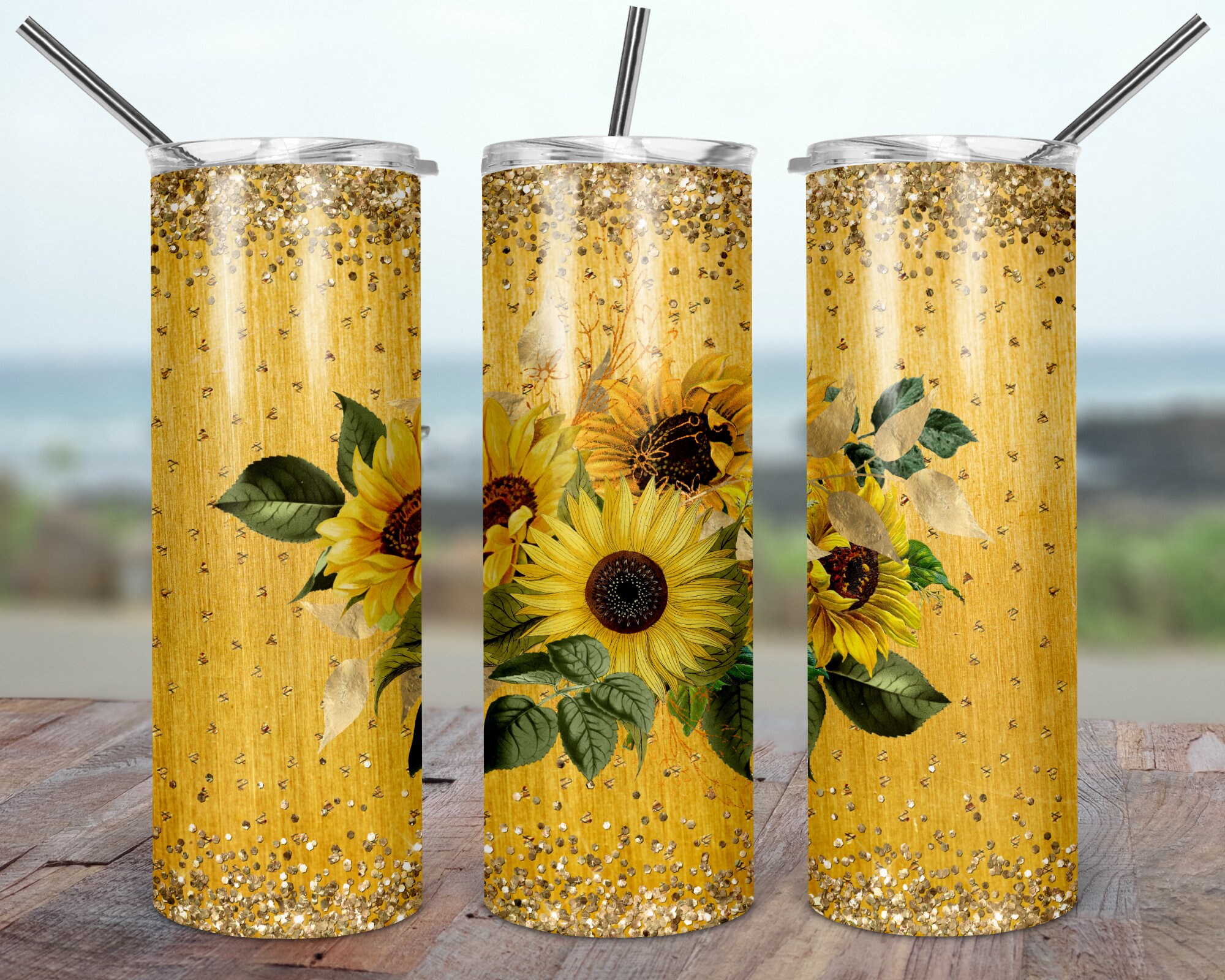 Sunflowers gold glitter 20oz Skinny Tumbler floral DESIGN Etsy