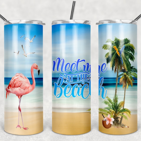 Meet me  at the beach 20oz Skinny Tumbler TEMPLATE tropical beach Sublimation 2 design variants  ocean soul flamingo tropical vacation PNG