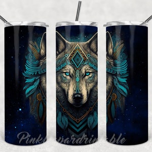 Lobo tribal 20oz Flaco Vaso PLANTILLA Galaxy Lobo Tótem espacial Animal Azteca Lobo tribal Sublimación DISEÑO Agregar nombre Texto Personalizar