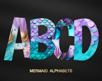 Mermaid Letters Alphabets  PNG Teal Blue Purple  Glitter Mermaid Scales Pearl Sea  Sublimation Digital Download Colorful Mermaid Bundle
