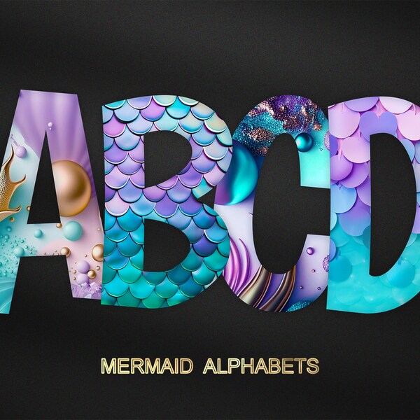 Mermaid Letters Alphabets  PNG Teal Blue Purple  Glitter Mermaid Scales Pearl Sea  Sublimation Digital Download Colorful Mermaid Bundle