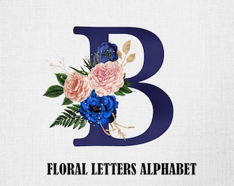 Floral Alphabet PNG: Navy Blue Blush Rose Monogram (Digital Download)