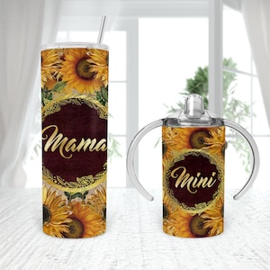 Vaso para beber recto con diseño de sublimación de girasoles dorados a juego para mamá y yo, vaso de 12 oz y 20 oz, descarga digital, 4 PLANTILLAS, agregar texto, nombre
