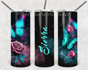 Purple Teal  Butterflies 20oz Skinny Tumbler Sublimation  Template Galaxy Butterflies  Flowers Watercolor Splash Add Name Text Personalize